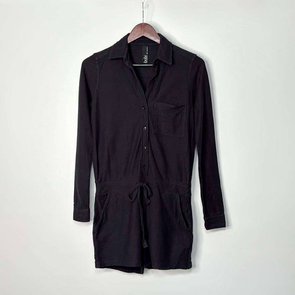 bobi Black Long Sleeve Collared Button Down Romper XS